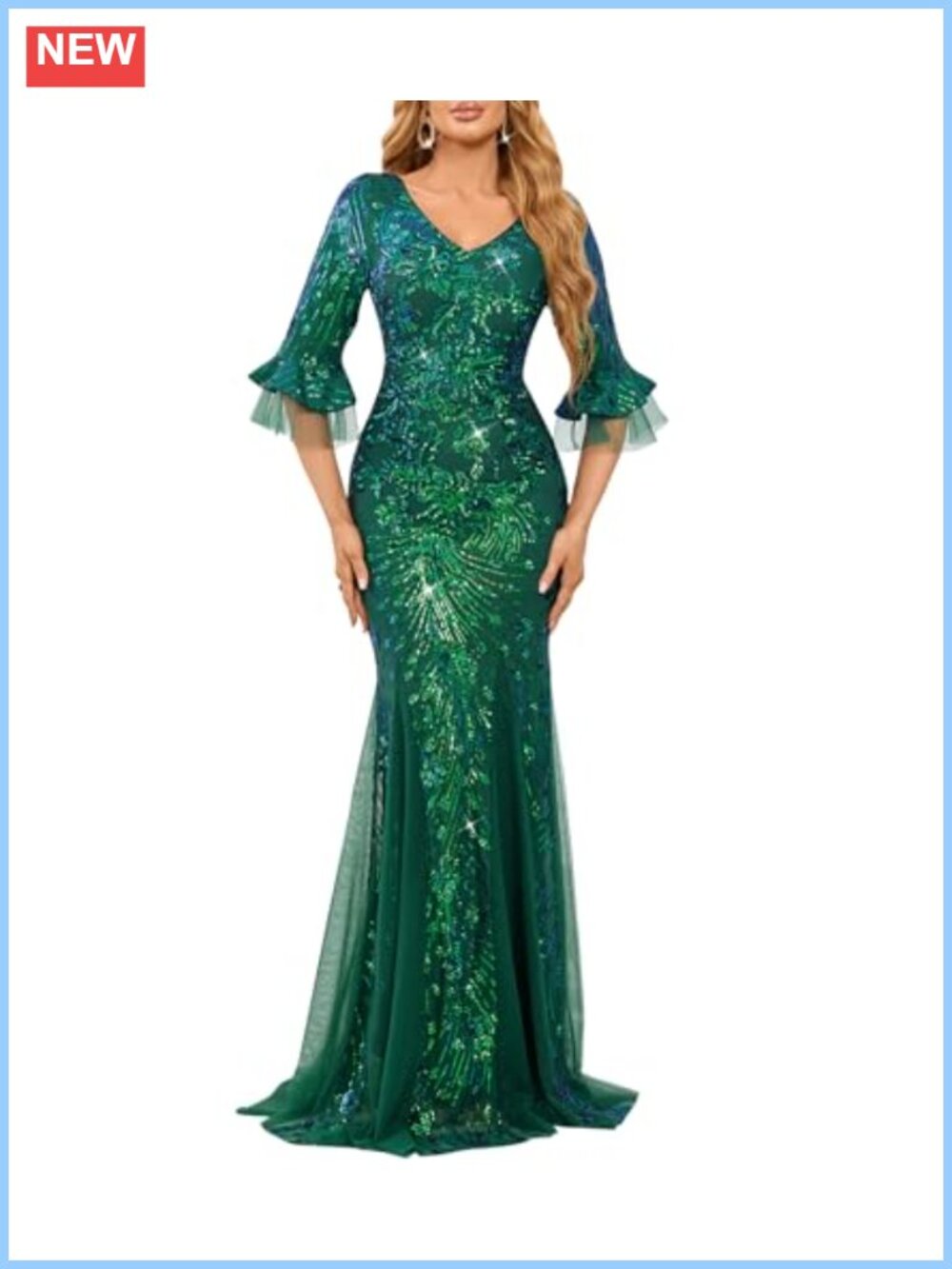 Sequined V-Neck Mermaid Formal Evening Gown Flare Sleeve Prom Dress